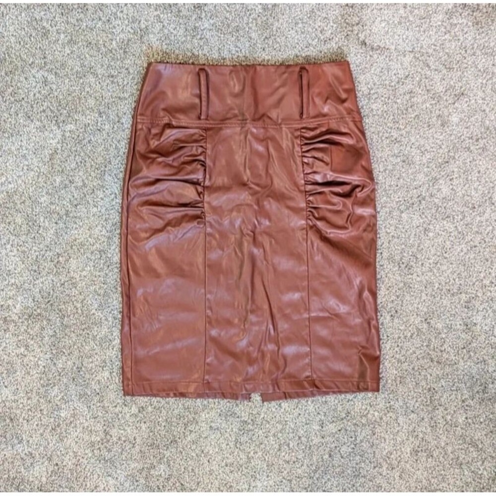Belle Poque Brown Faux Leather Ruched Pencil Skirt Size M